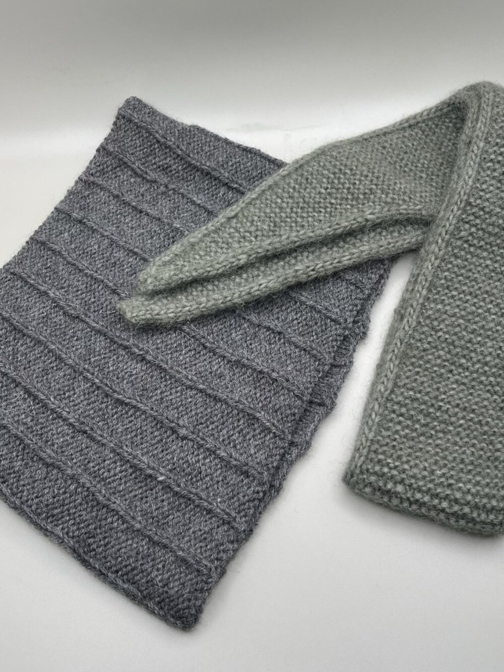 Handmade Merino Wool Scarf & Neck Gaiter Set Gray Sage Green Knit Preppy Winter